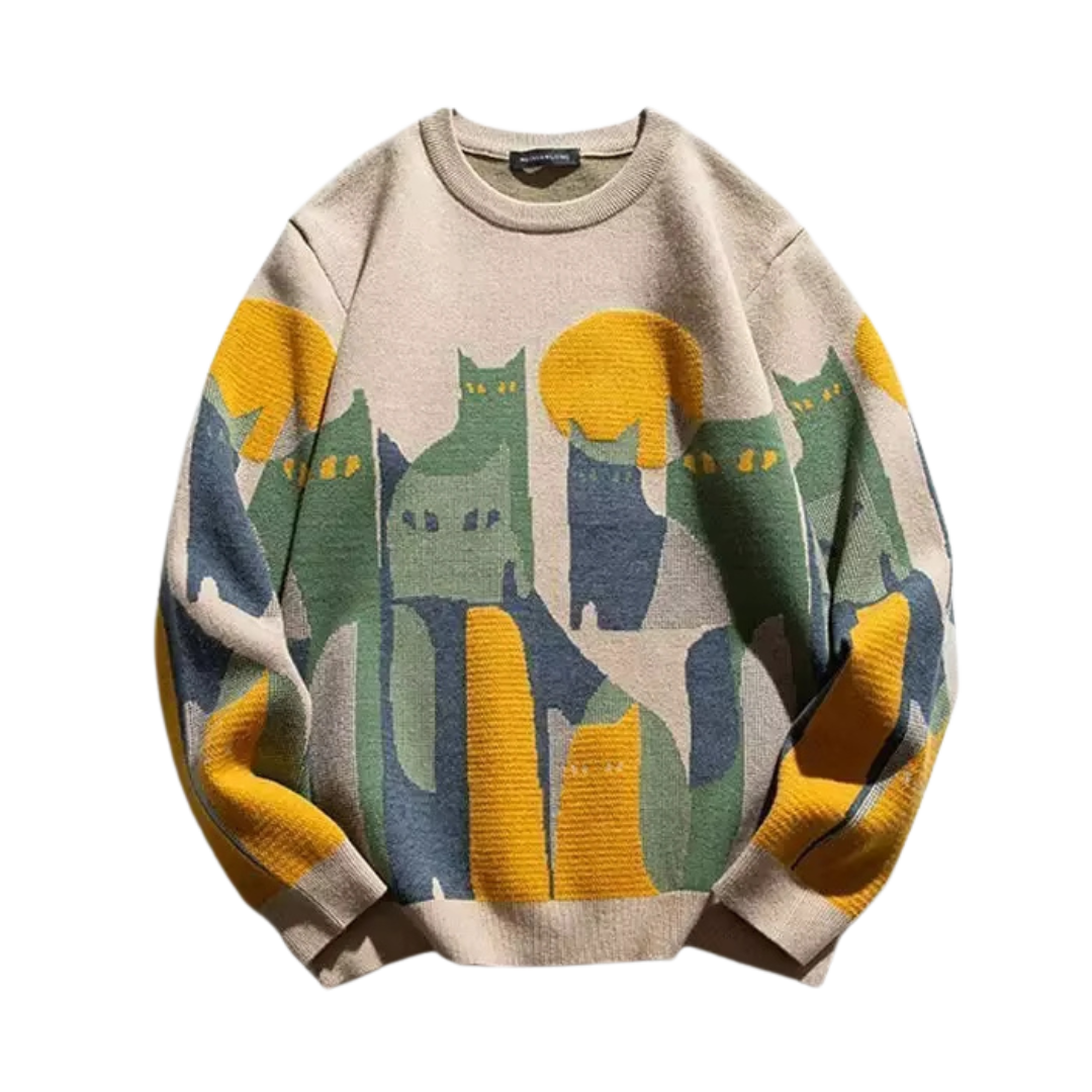 Vintage Cat Beige Knit Sweater - Limited Edition