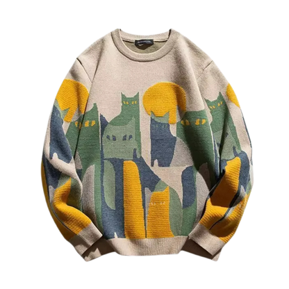 Vintage Cat Beige Knit Sweater - Limited Edition